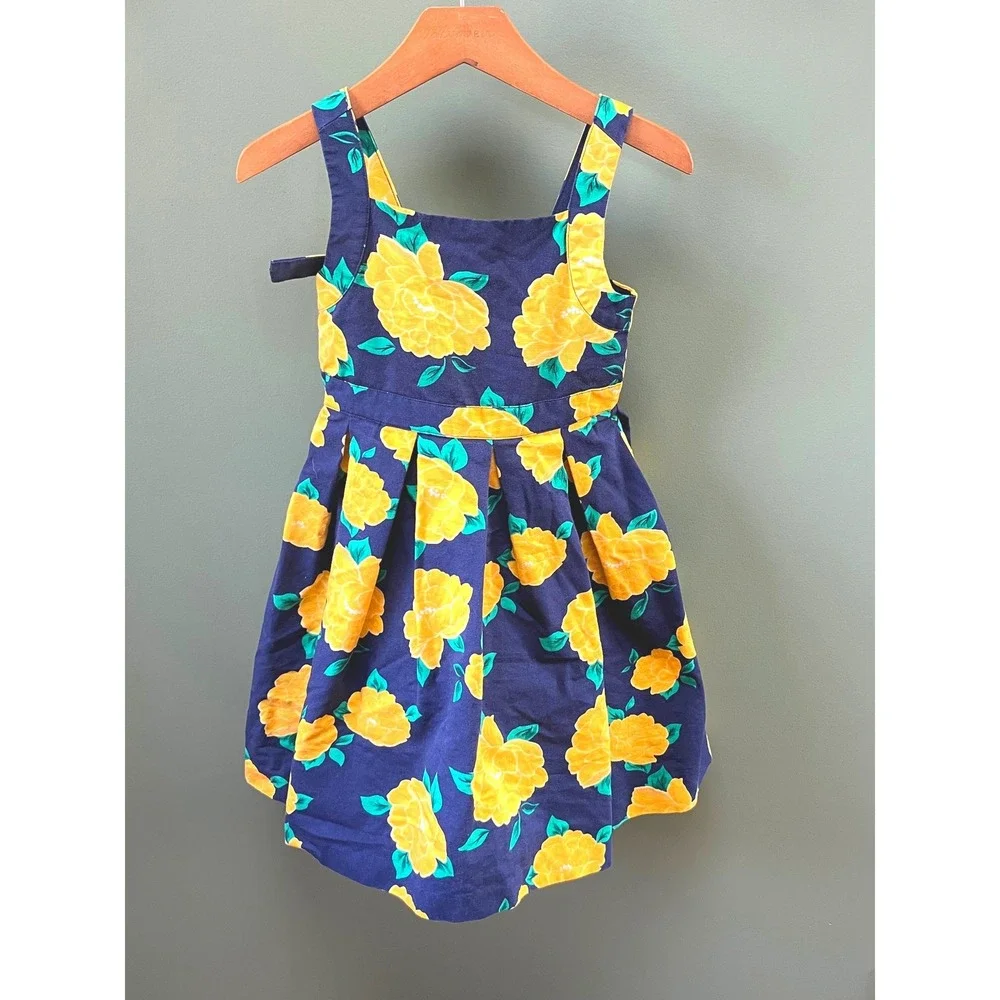Janie and Jack Girls‎ Navy Blue Yellow Floral Rose Pleated Tulle Dress Size 5